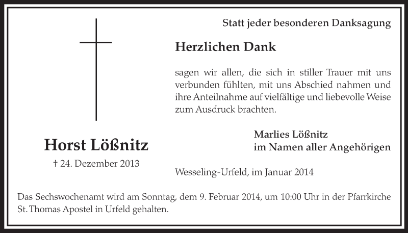  Traueranzeige für Horst Lößnitz vom 29.01.2014 aus  Schlossbote/Werbekurier 