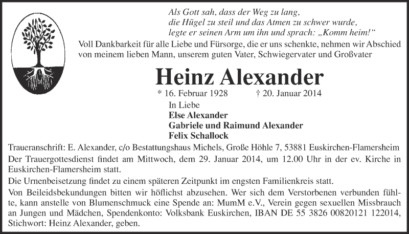  Traueranzeige für Heinz Alexander vom 26.01.2014 aus  Blickpunkt Euskirchen 