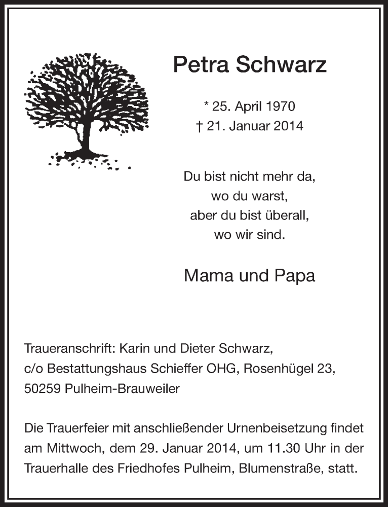 Traueranzeige für Petra Schwarz vom 25.01.2014 aus  Sonntags-Post 