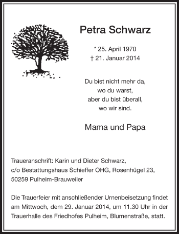 Anzeige von Petra Schwarz von  Sonntags-Post 