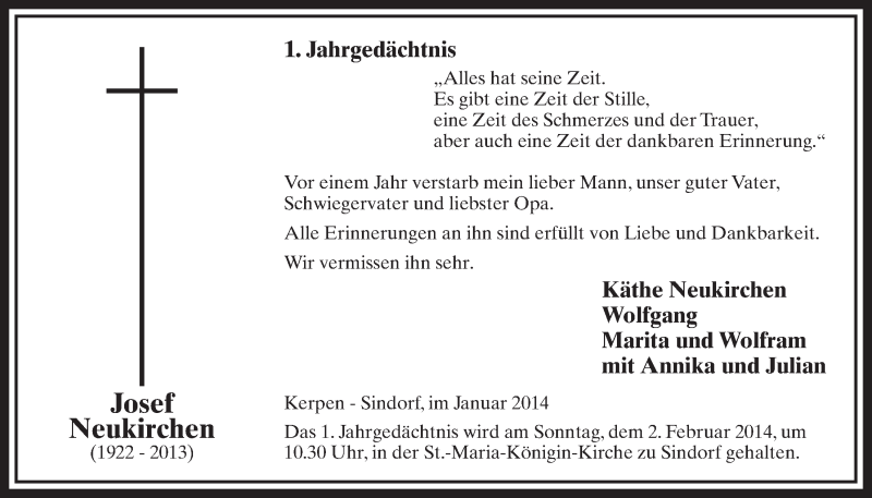  Traueranzeige für Josef Neukirchen vom 25.01.2014 aus  Sonntags-Post 
