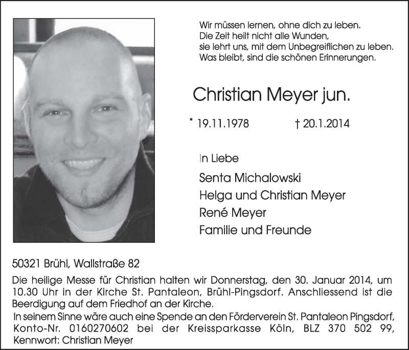  Traueranzeige für Christian Meyer vom 29.01.2014 aus  Schlossbote/Werbekurier 