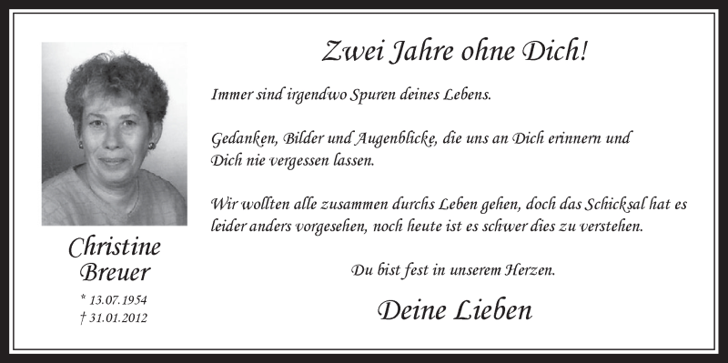  Traueranzeige für Christine Breuer vom 29.01.2014 aus  Wochenende 