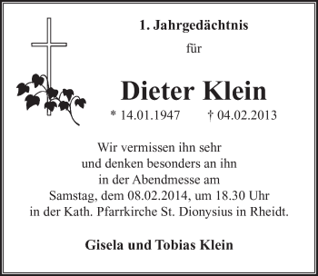 Anzeige von Dieter Klein von  Extra Blatt 