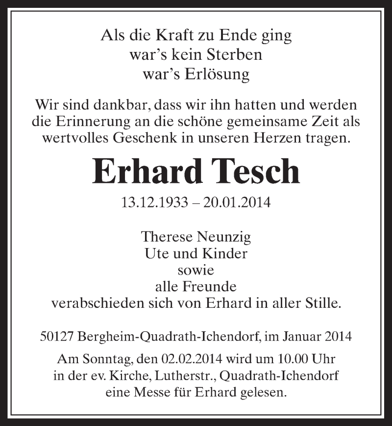  Traueranzeige für Erhard Tesch vom 29.01.2014 aus  Werbepost 