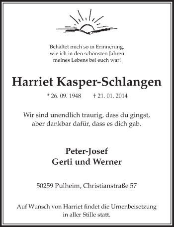 Anzeige von Harriet Kasper-Schlangen von  Sonntags-Post 