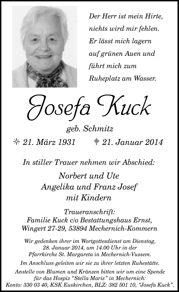  Traueranzeige für Josefa Kuck vom 26.01.2014 aus  Blickpunkt Euskirchen 