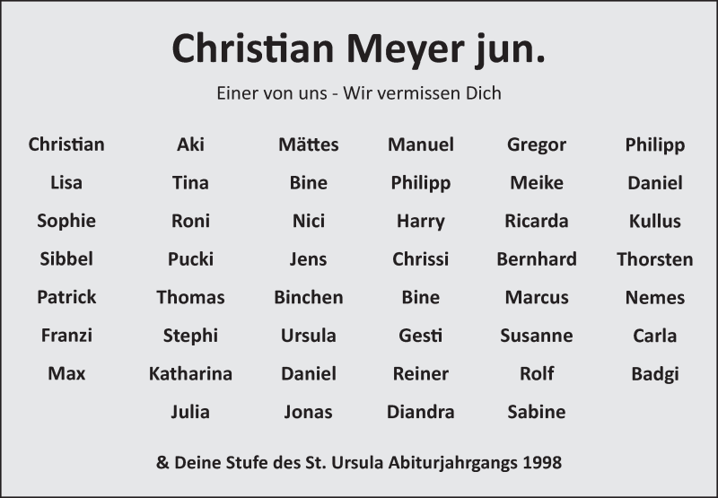  Traueranzeige für Christian Meyer vom 29.01.2014 aus  Schlossbote/Werbekurier 