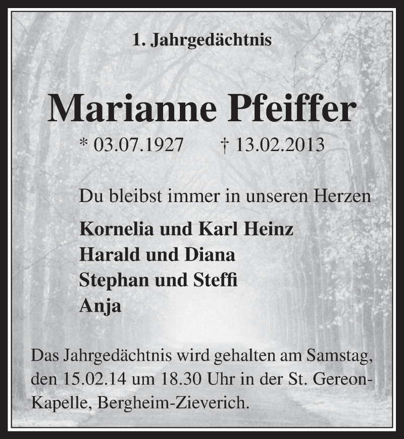  Traueranzeige für Marianne Pfeiffer vom 12.02.2014 aus  Werbepost 