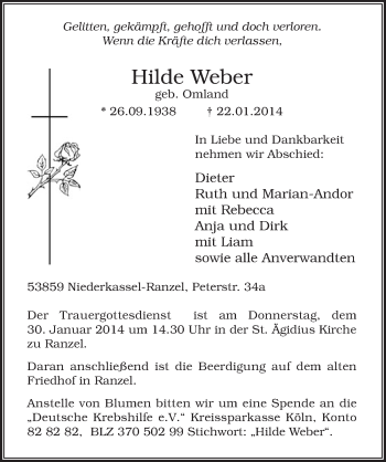 Anzeige von Hilde Weber von  Extra Blatt 