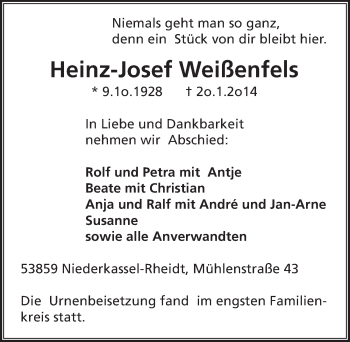 Anzeige von Heinz-Josef Weißenfels von  Extra Blatt 