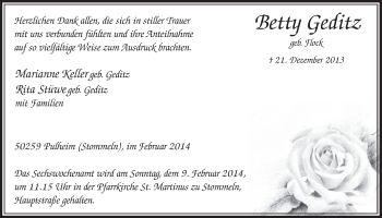 Anzeige von Betty Geditz von  Sonntags-Post 