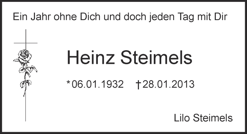  Traueranzeige für Heinz Steimels vom 29.01.2014 aus  Kölner Wochenspiegel 