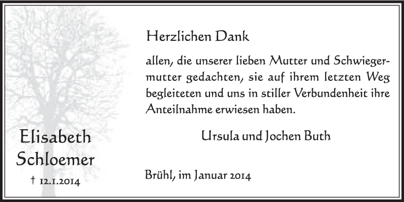  Traueranzeige für Elisabeth Schloemer vom 29.01.2014 aus  Schlossbote/Werbekurier 