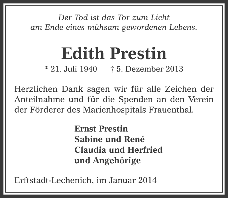  Traueranzeige für Edith Prestin vom 29.01.2014 aus  Werbepost 