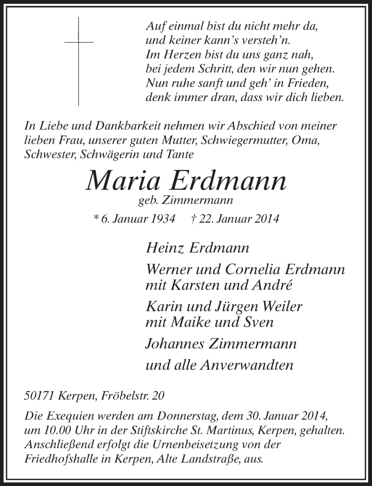  Traueranzeige für Maria Erdmann vom 25.01.2014 aus  Sonntags-Post 