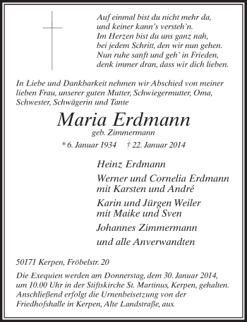 Anzeige von Maria Erdmann von  Sonntags-Post 