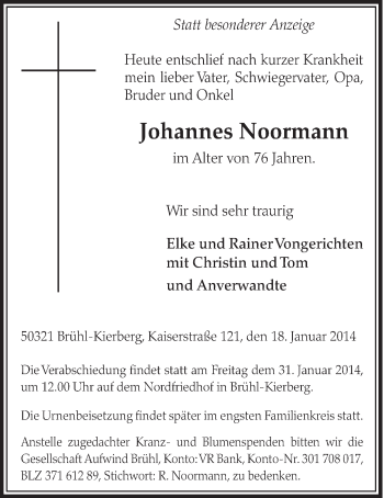 Anzeige von Johannes Noormann von  Schlossbote/Werbekurier 