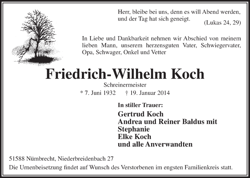  Traueranzeige für Friedrich-Wilhelm Koch vom 29.01.2014 aus  Lokalanzeiger 