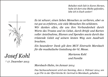 Anzeige von Josef Kohl von  Lokalanzeiger 