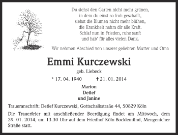 Anzeige von Emmi Kurczewski von  Kölner Wochenspiegel 