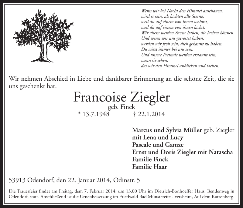  Traueranzeige für Francoise Ziegler vom 29.01.2014 aus  Schaufenster/Blickpunkt 