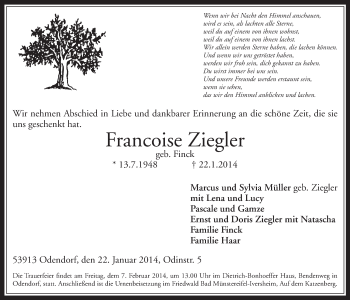 Anzeige von Francoise Ziegler von  Schaufenster/Blickpunkt 