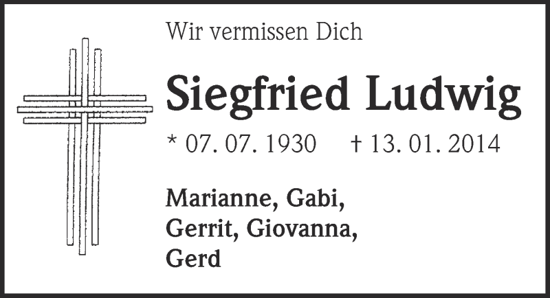  Traueranzeige für Siegfried Ludwig vom 29.01.2014 aus  Kölner Wochenspiegel 