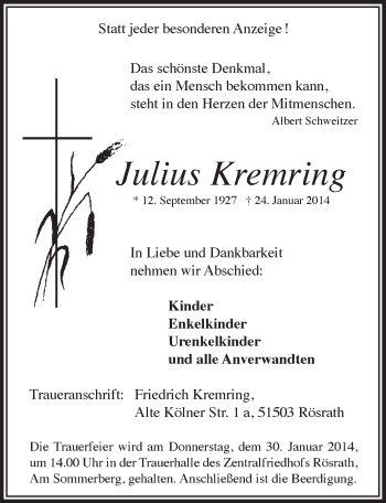 Anzeige von Julius Kremring von  Bergisches Handelsblatt 