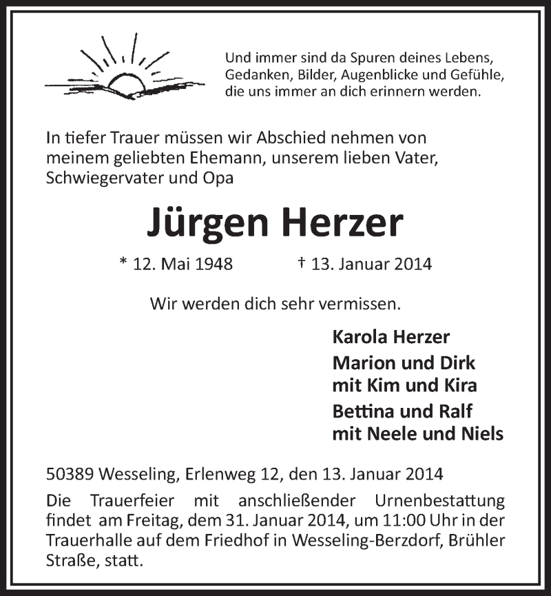  Traueranzeige für Jürgen Herzer vom 29.01.2014 aus  Schlossbote/Werbekurier 