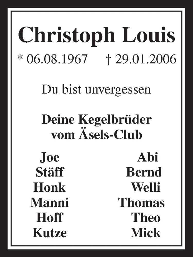  Traueranzeige für Christoph Louis vom 29.01.2014 aus  Werbepost 