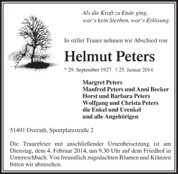 Anzeige von Helmut Peters von  Bergisches Handelsblatt 