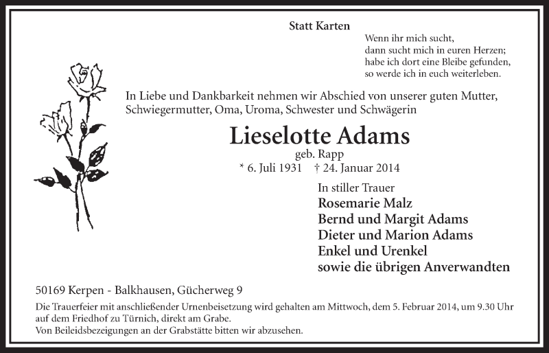  Traueranzeige für Lieselotte Adams vom 01.02.2014 aus  Sonntags-Post 