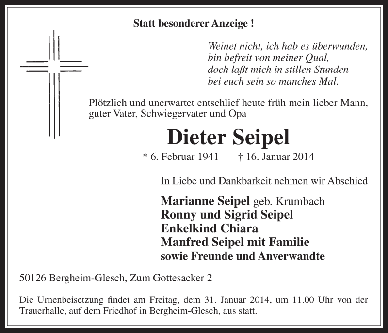  Traueranzeige für Dieter Seipel vom 29.01.2014 aus  Werbepost 
