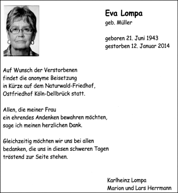 Anzeige von Eva Lompa von  Kölner Wochenspiegel 