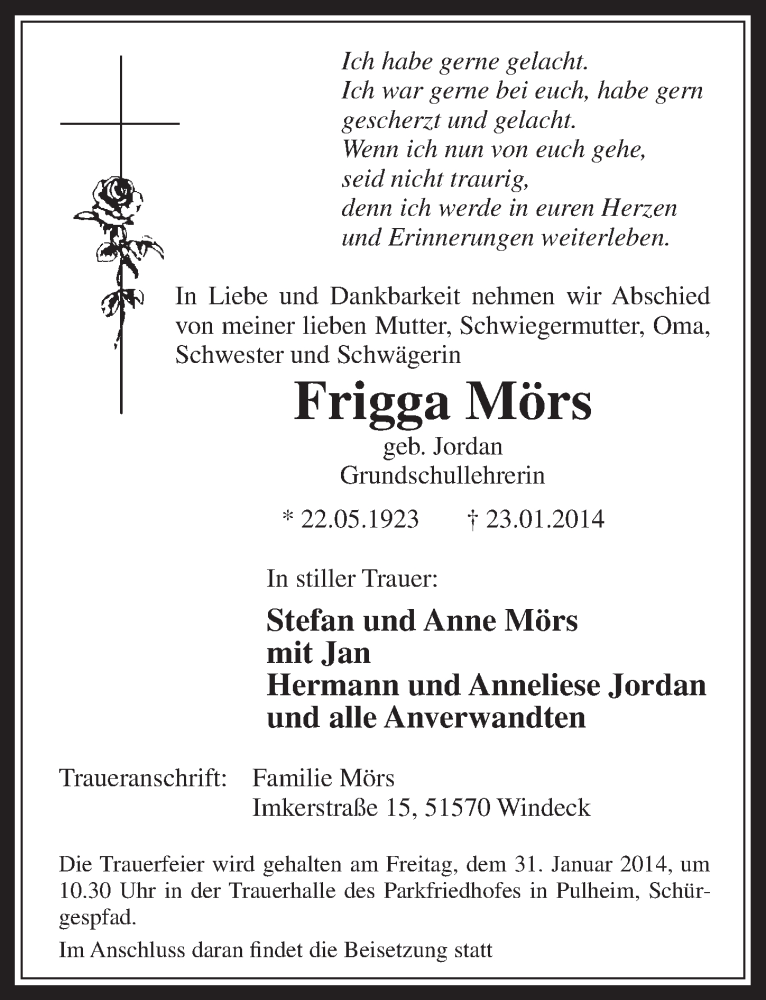  Traueranzeige für Frigga Mörs vom 29.01.2014 aus  Wochenende 