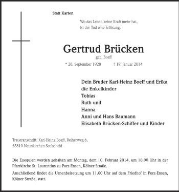 Anzeige von Gertrud Brücken von  Kölner Wochenspiegel 