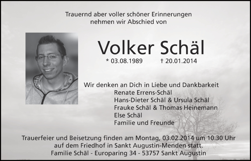  Traueranzeige für Volker Schäl vom 29.01.2014 aus  Extra Blatt 