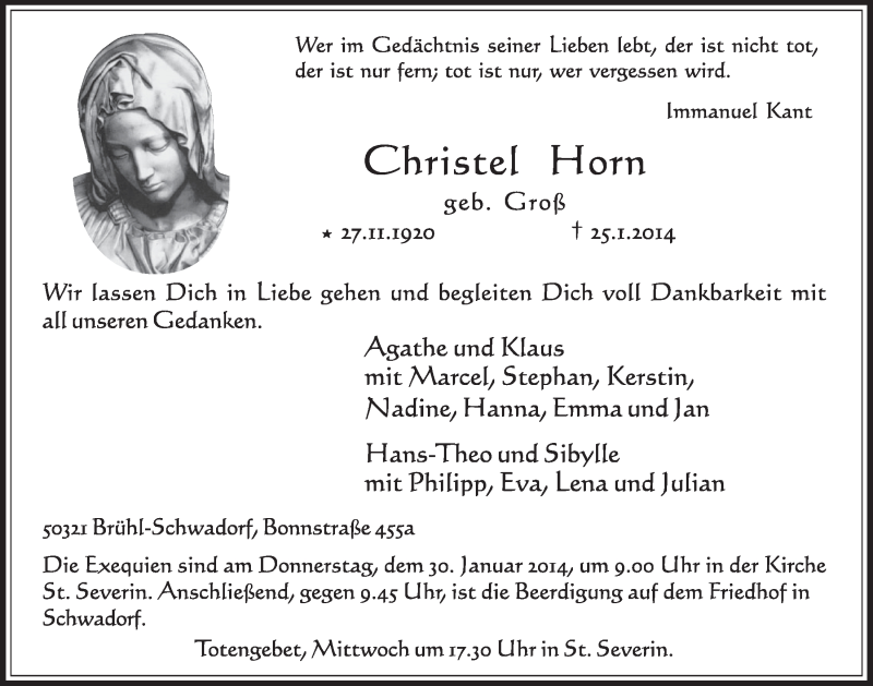  Traueranzeige für Christel Horn vom 29.01.2014 aus  Schlossbote/Werbekurier 