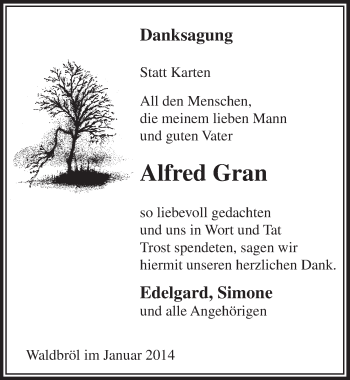 Anzeige von Alfred Gran von  Lokalanzeiger 