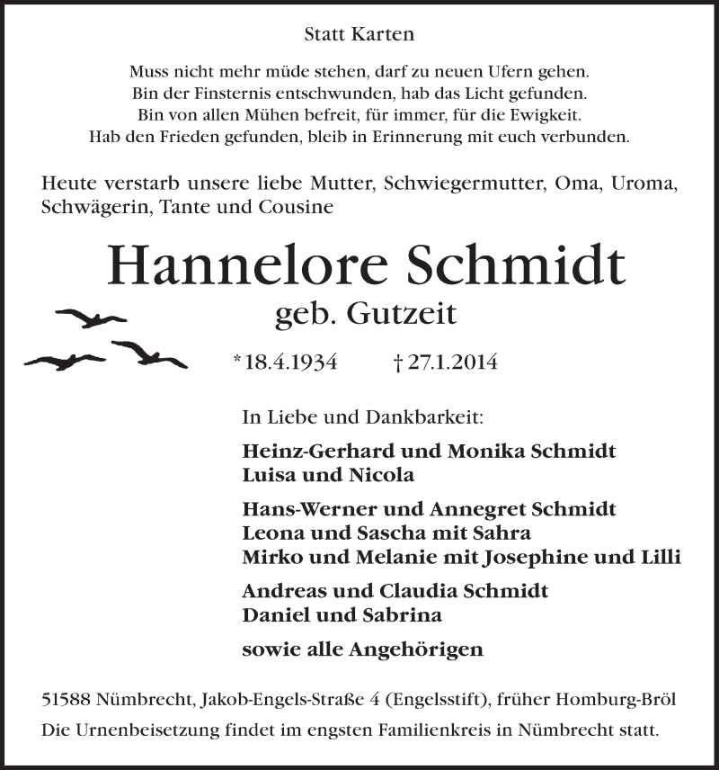  Traueranzeige für Hannelore Schmidt vom 29.01.2014 aus  Lokalanzeiger 