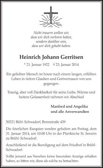 Anzeige von Heinrich Johann Gerritsen von  Schlossbote/Werbekurier 