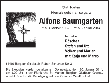 Anzeige von Alfons Baumgarten von  Bergisches Handelsblatt 