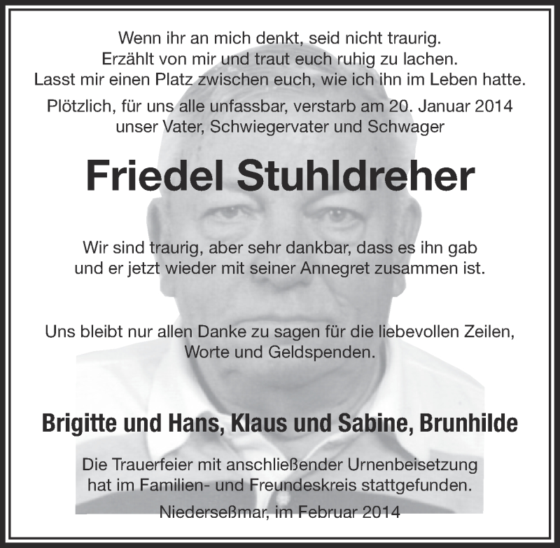  Traueranzeige für Friedel Stuhldreher vom 05.02.2014 aus  Anzeigen Echo 