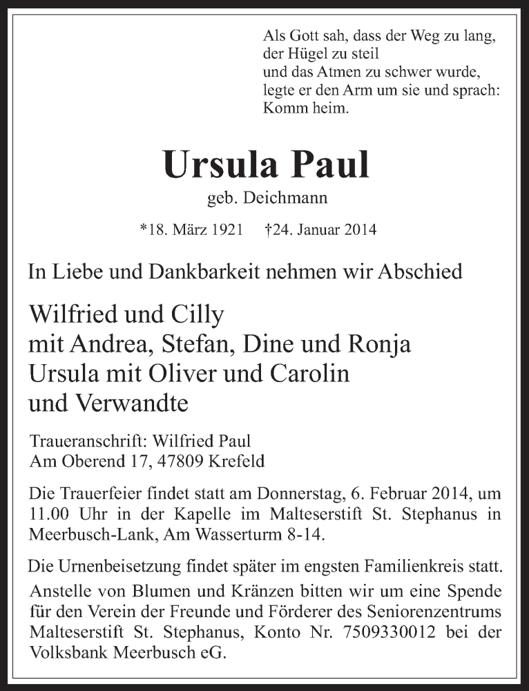  Traueranzeige für Ursula Paul vom 29.01.2014 aus  Werbepost 