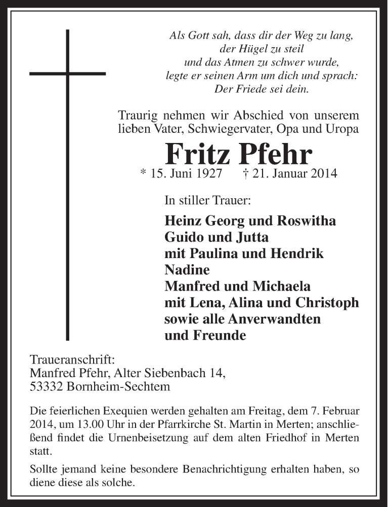  Traueranzeige für Fritz Pfehr vom 05.02.2014 aus  Schaufenster/Blickpunkt 