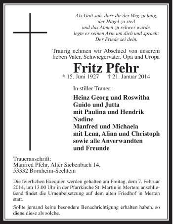 Anzeige von Fritz Pfehr von  Schaufenster/Blickpunkt 