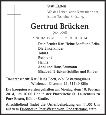 Anzeige von Gertrud Brücken von  Kölner Wochenspiegel 
