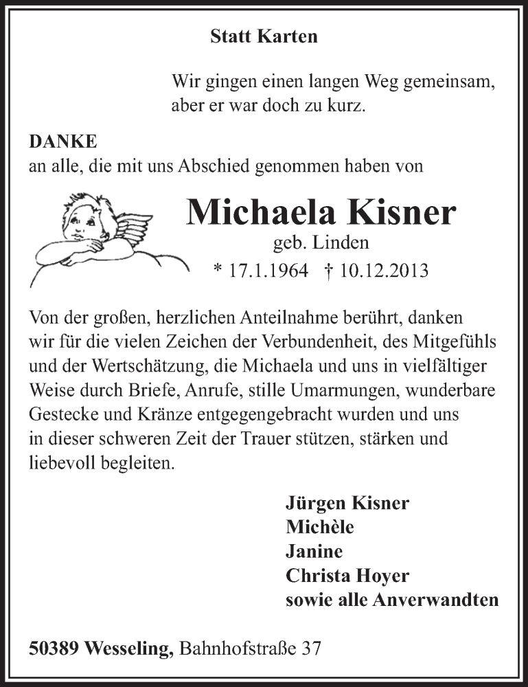  Traueranzeige für Michaela Kisner vom 05.02.2014 aus  Schlossbote/Werbekurier 