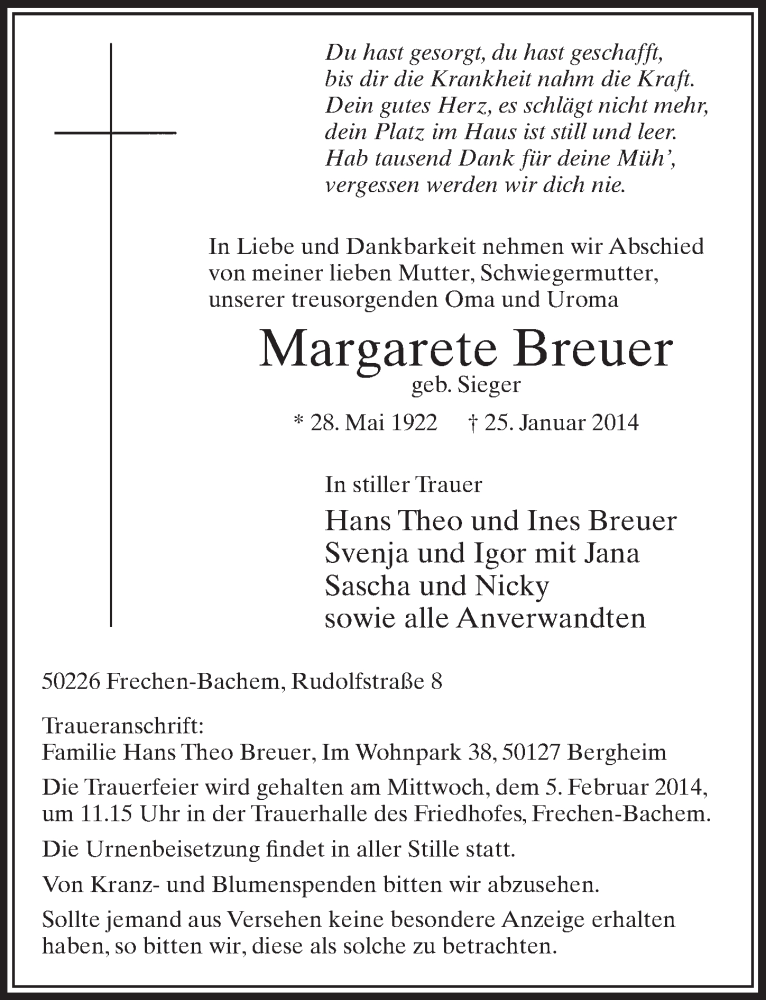  Traueranzeige für Margarete Breuer vom 01.02.2014 aus  Sonntags-Post 